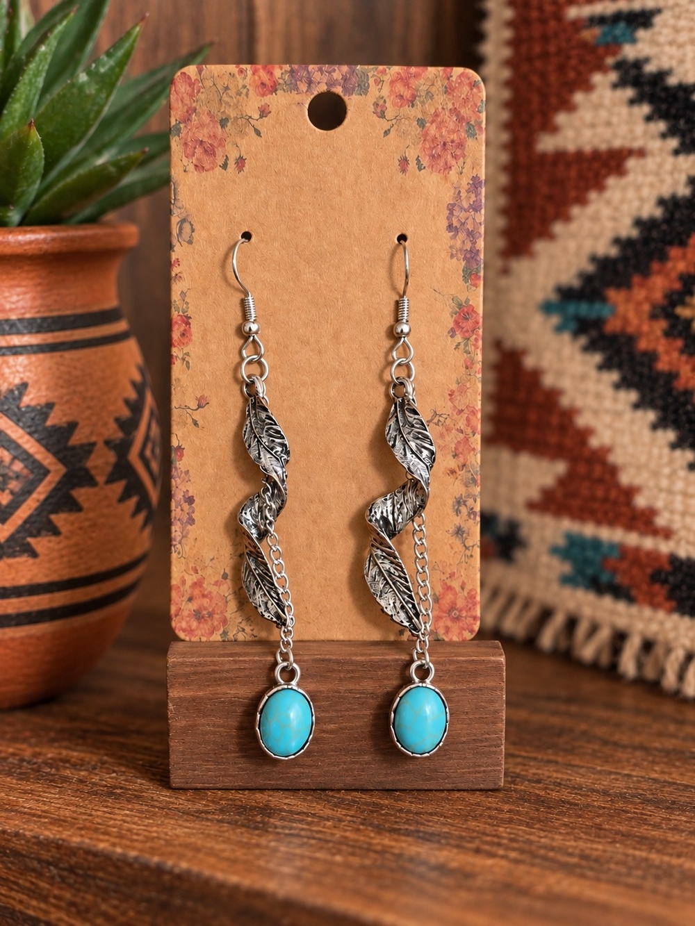 Turquoise Leaf Dangle Earrings Silver Tone Boho Southwestern Western Jewelry